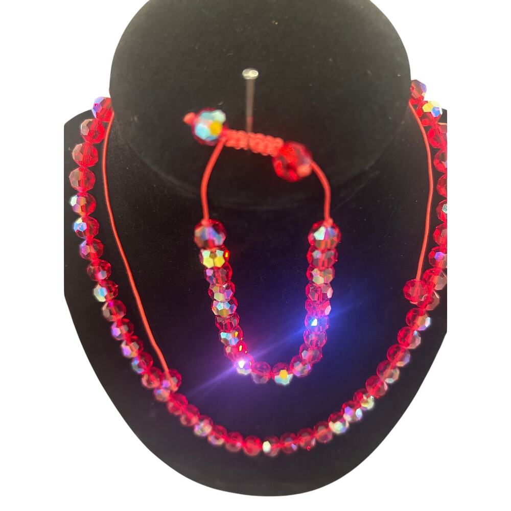 Ruby Red faceted glass beads set Aurora Borealis finish